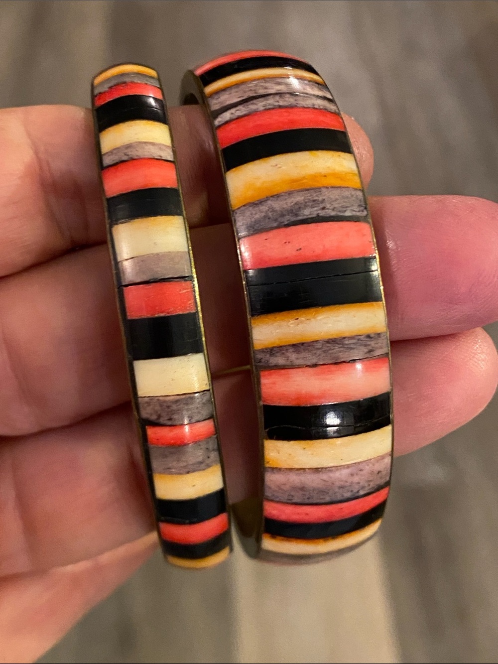 Vintage Artisan Inlay Bangle Bracelet Set Bone Antler Coral Tone Pair
